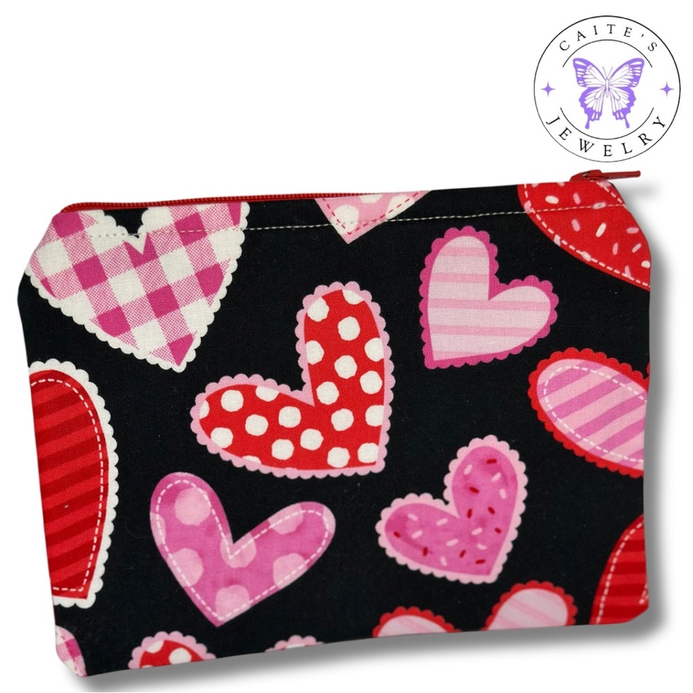 Handmade Zipper Pouch with a Patterned Hearts Fabric